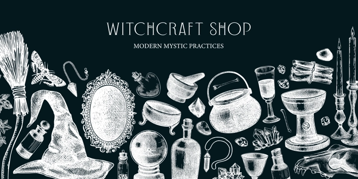 Sketch style witchcraft banner. Vinatge Halloween background. Hand-drawn vector illustration on chalkboard. Antique apothecary design. Witchcraft shop border. NOT AI generated